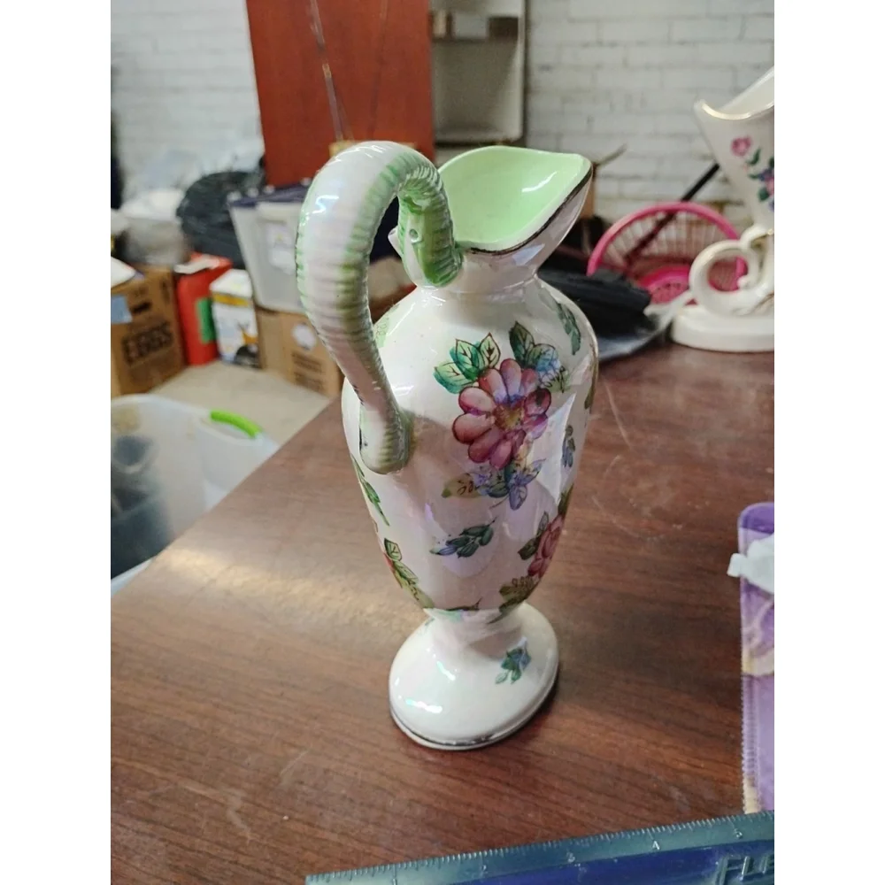 Vintage Japanese Light Green Floral Pitcher Ceramics Gold Trim Lusterware